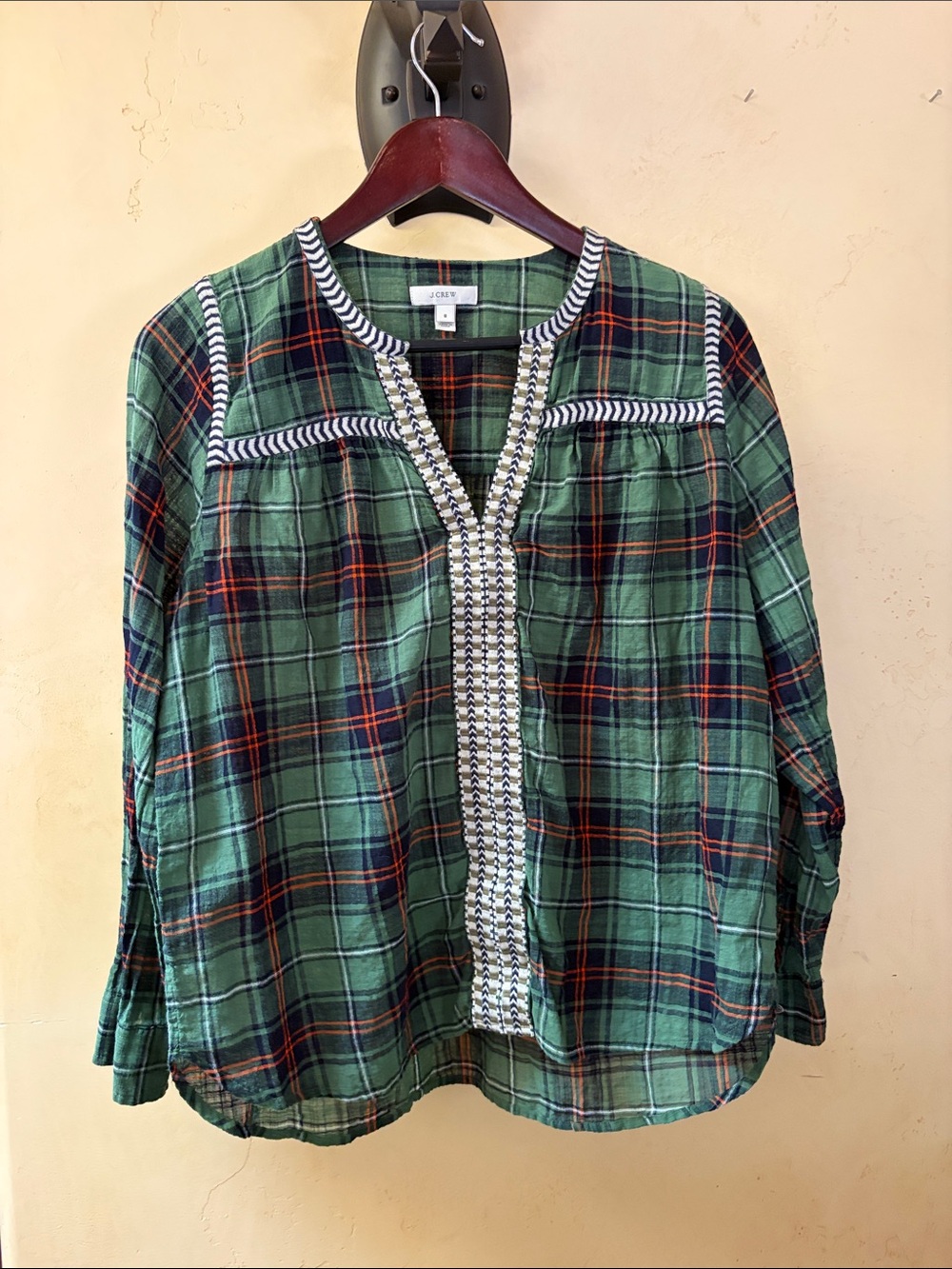 Sz 8 J. Crew Green Plaid 100% Cotton Embroidered Trim Blouse